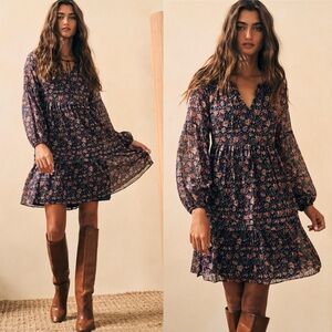 Faherty Silk Sage Wood Tiered Long Sleeve Shift Dress Womens Size Large Bohemian